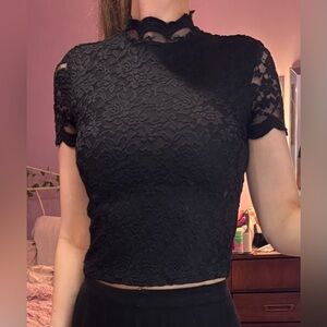 Ardene Black Lace Mock Neck Short Sleeve Top